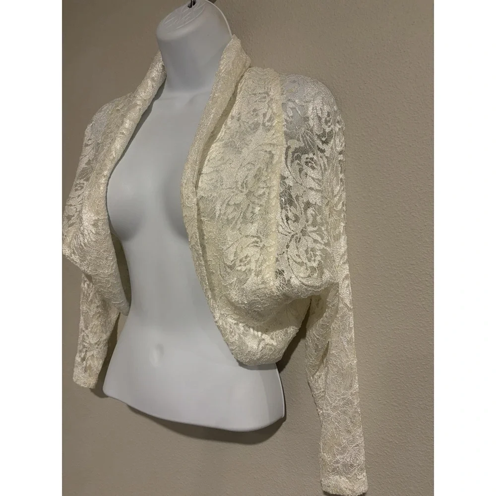 Tahari ASL Bolero~XL~Off White Lace Sequin Crop Shrug Formal Evening Covers Arms - Picture 6 of 14